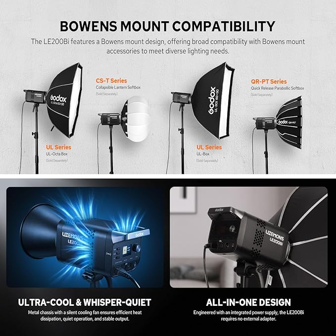 Godox LE200Bi 220W Bicolor LED Video Light, Pro LED Continuous Output Light Bowens Mount, 2800K~6500K, CRI 98, 57700lux@1m, Portable LED Studio Light for Photography Video Recording Live Streaming