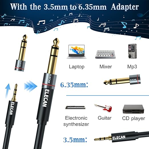 Elecan 3.5mm (1/8 Inch) TRS Aux Male to XLR Male Cable 20 Ft, Balanced Professional Shielded Stereo Microphone Cable Cord, Gold Plated for DSLR Camera Mixer Headphones with 3.5 to 6.35mm Adapter+Ties
