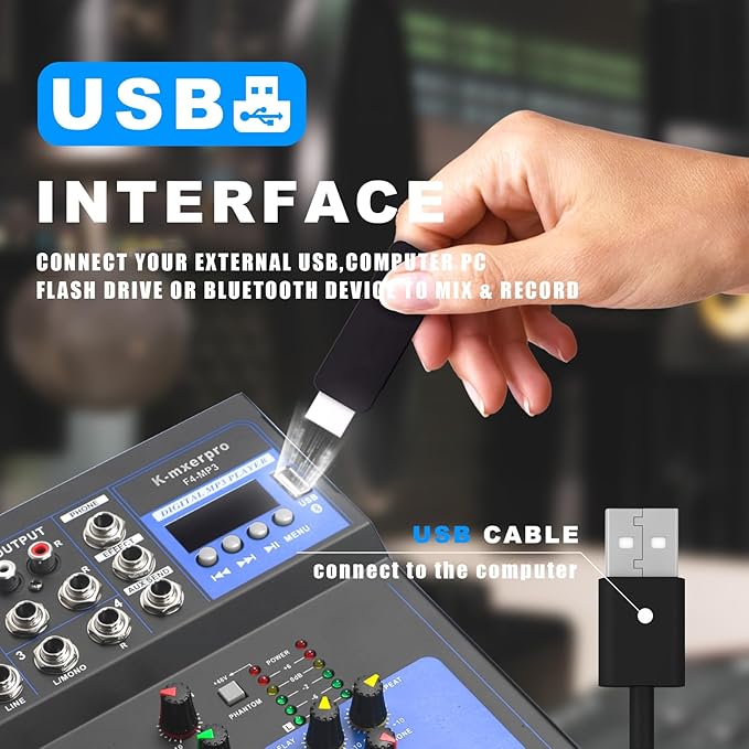 4 Channel Mixer With 48v Phantom Power,USB Audio Mixer Board For Live Show Streaming Recording Music Stage Karaoke