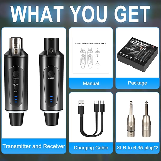 Depusheng S5 Wireless Microphone System Wireless Guitar Transmitter Receiver XLR Plug-on for Dynamic and 48V Condenser Microphones, Audio Mixer, with 48v Phantom Power and Reverb Switch