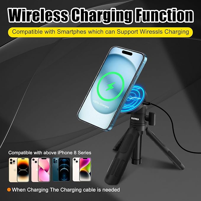 Magnetic Cell Phone Selfie Stick Tripod with 1/4" Magnetic Wireless Charging Mount Extendable Mini Desktop Smartphone Tripod compatibel for Magsafe iPhone 17/16/15/14/13/12 Pro Max