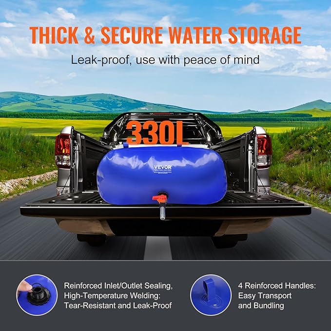 VEVOR 330L/87.17 Gallon Water Storage Bladder, RV Water Tank, 1000D Blue PVC Collapsible Water Storage Containers, Large Capacity Soft Water Bag, Portable Water Bladder, Fire Prevention, Camping