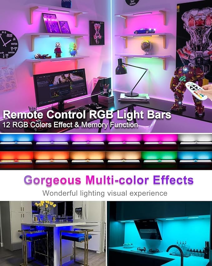 Diomart Under Cabinet Lighting, RGB Rechargeable Motion Sensor Light Indoor Night Lights, 58 -LED Remote Control Under Counter Lightis for Kitchen, Wardrobe, Hallway, Stairs, Desk(4 Pack)