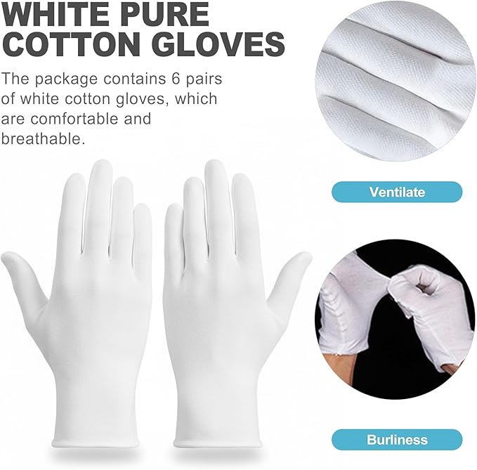 CoguZed 6 Pairs White Cotton Gloves for Jewelry & Art Handling - Thin Non-Latex Inspection Gloves for Coin Collecting, Craft Work - Unisex Size