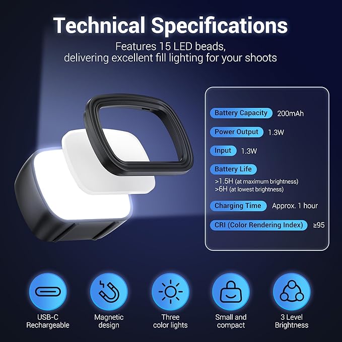 JJC 3Pcs Magnetic Auxiliary Light for DJI Osmo Pocket 3 & Xtra Muse Accessories, Rechargeable Mini LED Fill Light w. Mount & Storage Bag, 3 Color Mode/Brightness Adjustable for Selfie Vlog Recording