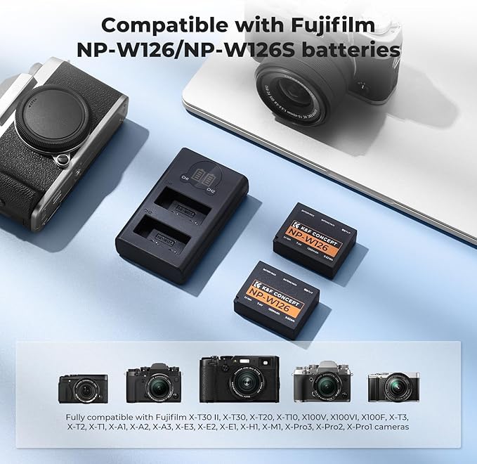 K&F Concept 1300mAh NP-W126 NP-W126S Battery and Charger for Fujifilm XM5, X100VI, X100V, XS10, XT30, XT30 II, XT20, XE4, A5, Dual-Slot Fast Charger, Type-C and Micro-USB Input, 2 Pack Battery