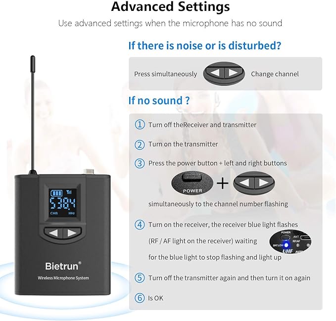Bietrun UHF Wireless Lavalier Lapel Microphone System/Headset Mic/Stand Mic, 165ft Range, Rechargeable Transmitter Receiver, 1/4" Output, for iPhone,Android,PA Speaker,DSLR Camera,YouTube, Recording