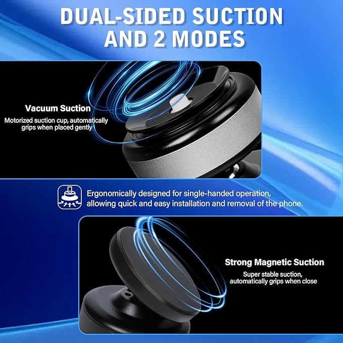 360 Rotatable Car Magnetic Phone Holder,Electric Vacuum Magnetic Suction Car Phone Mount,Magnetic Adsorption Double Cell Phone Holder-Sided Strong Suction for Car Mirro Gym All Smooth Surface (Black)