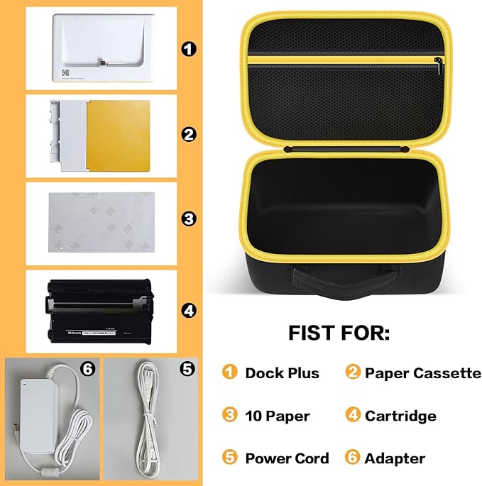 Case Compatible with Kodak Dock Plus for Liene M100 for Kodak Dock Premium Wi-Fi 4x6” Instant Photo Printer. Bluetooth Photo Printing Holder for Adapter, Cartridge(Black & Yellow Zipper)