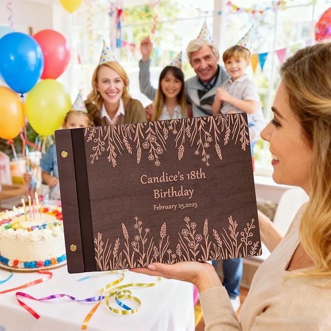 Personalized Birthday Photo Album - Wooden Birthday Guest Book，Memory Book Scrapbook for Kids Adults, Vintage Book Keepsake for Party, Unique Gift