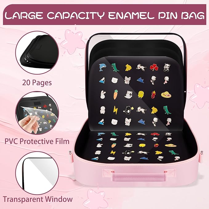 Large Enamel Pin Display Book - 20 Page Pin Book for Collector, Travel Pin Board Carrying Case with Handle & Strap for Brooch Pin Lover, Pin Holder Trading Book for Pins, Brooches, Sports Medals, Pink