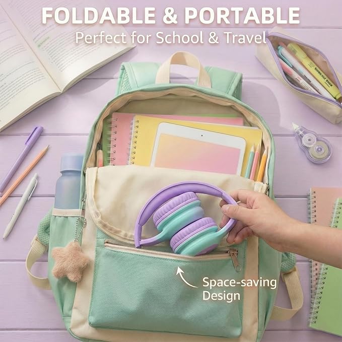 Wired Kids Headphones with USB C Plug, 85dB Safe Volume, Adjustable Headband, Tangle-Free Cord Headphones for School, Tablet, Travel (Lavender & Mint Green, Without Microphone)
