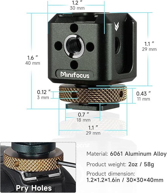 MINIFOCUS Camera Hot Shoe Extension Bracket with Quadruple Cold Shoe Mounts Adapter for Microphone LED Video Light, Aluminum Shoe Mount Holder with 1/4''&3/8'' Thread Hole and Arri-locating Hole