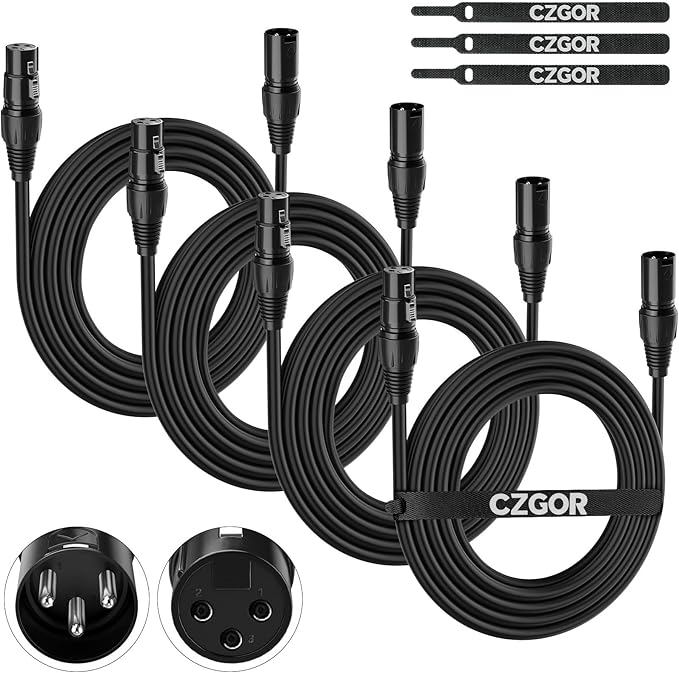 DMX Cable 10 ft, 4 Pack Flexible 3 Pin XLR Male to Female Cable Wire for Stage Lighting Signal XLR Connection Stage Light Wire for Par Light Moving Head Spotlight Input & Output