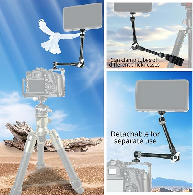 FIFIELD CNC Machined 11" Articulating Magic Arm Clamp Mount with Super Clamp, 360° Dual Ball Head & 1/4" ARRI Locating Pin&Holes, Heavy-Duty Camera Monitor Mount for Camera, Phone, LED Light, w/Clamp