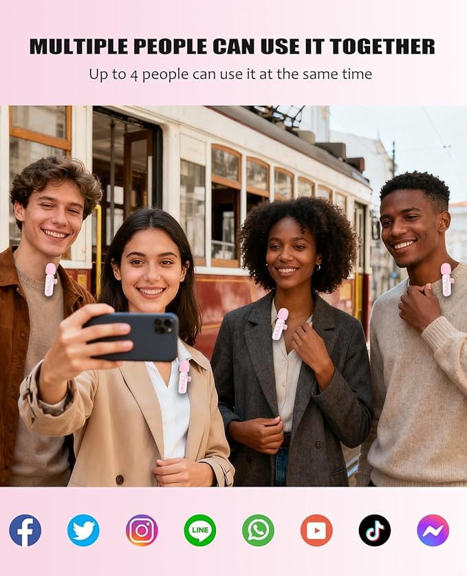 Wireless Lavalier Microphone for iPhone/Android/Camera, Upgraded Mini Microphone with Noise Reduction, 4 Mic for Video Recording, Podcasts, YouTube, TikTok, and Vlogging (Pink)