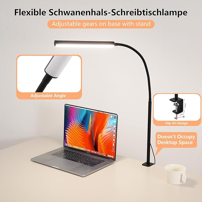 LED Desk Lamp for Office Home, Adjustable Flexible Eye-Caring Desk Light with,5 Modes 10 Brightness Adjustment, USB Adapter Desk Lamp with Clamp-LK-B