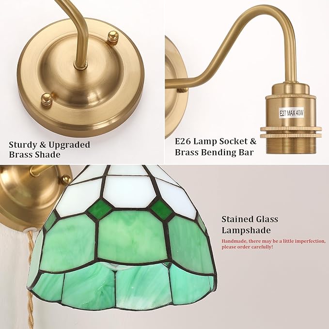 Vintage Wall Sconce, Wall Lamps with Green White Checker Sconce, Stained Glass Shade Brass Wall Lights Fixture with Plug in Cord and Switch for Bedroom Bathroom Living Room Hallway