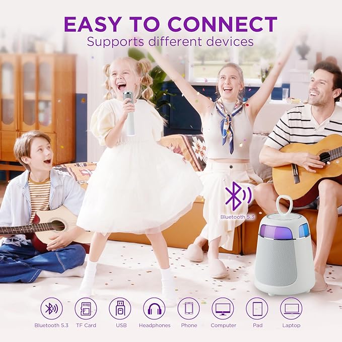 Mini Karaoke Machine with 2 Wireless Microphones, Portable Karaoke Machine for Kids & Adults, 10W Bluetooth Speaker with Voice Changer, Lights, Supports USB/TF/AUX