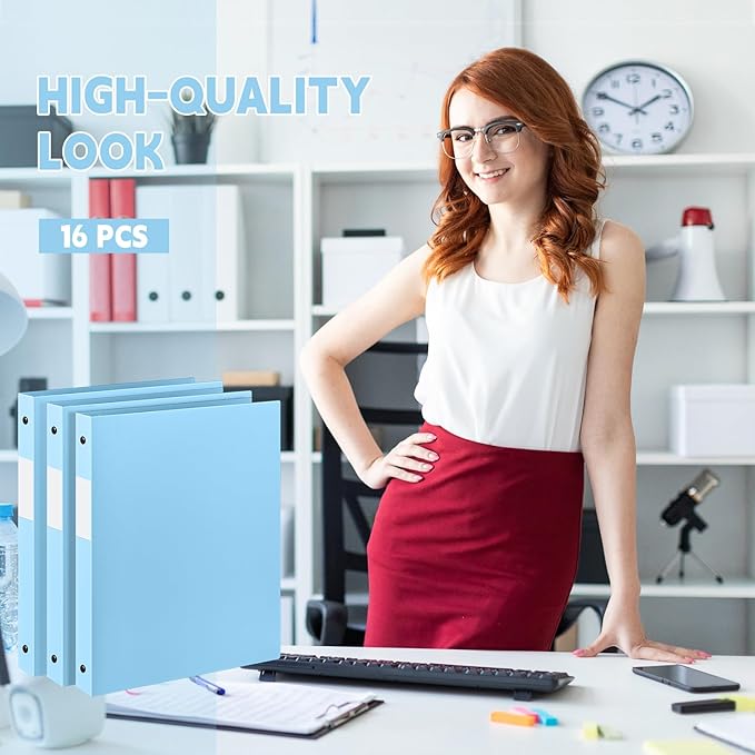 Henoyso 16 Pcs 3 Ring Binder 1/2'' Round Fits Letter Size 8.5'' x 11'' Paper Plastic Flexible Binder Holds 140 Sheets with 1 Pockets Versatile Organizer for Home Office School (Light Blue)