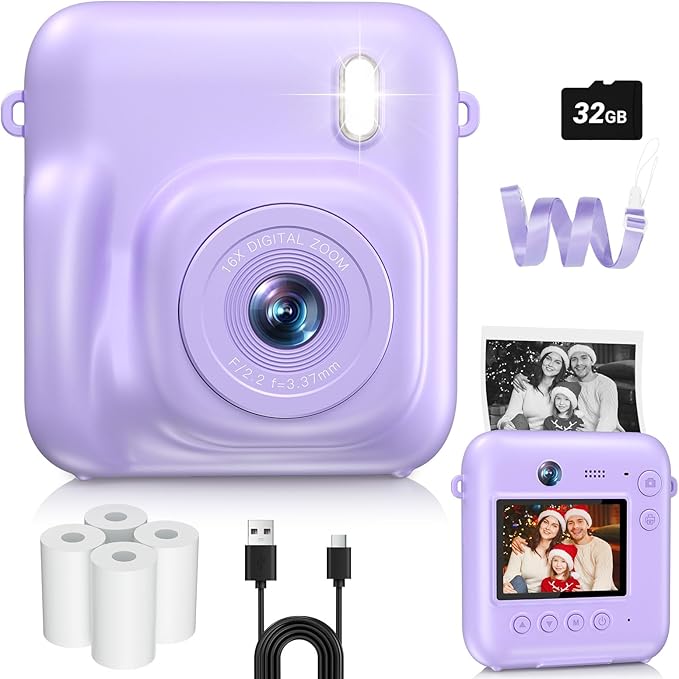 Digital Camera for Kids Instant Print, 48MP Dual-Lens Kids Camera for Girls Boys Christmas Birthday Gifts, 1080P Video Selfie Instant Cameras, Portable Toddler for 4-12 Years with 32GB Card-Purple