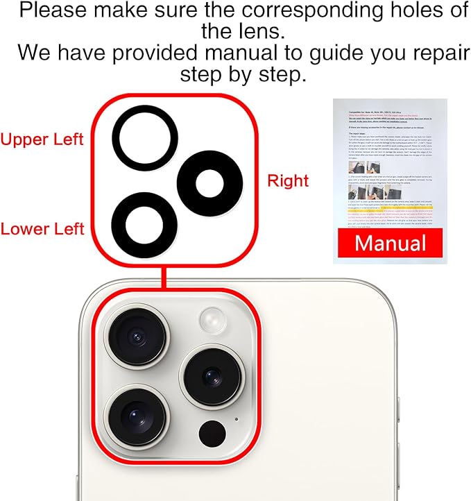 ASDAWN Back Rear Camera Lens Glass Replacement for iPhone 15 Pro 6.1 Inches with Pre-Installed Adhesive, ASDAWN Back Camera Lens Glass kit with Installation Manual + Repair Tool Set