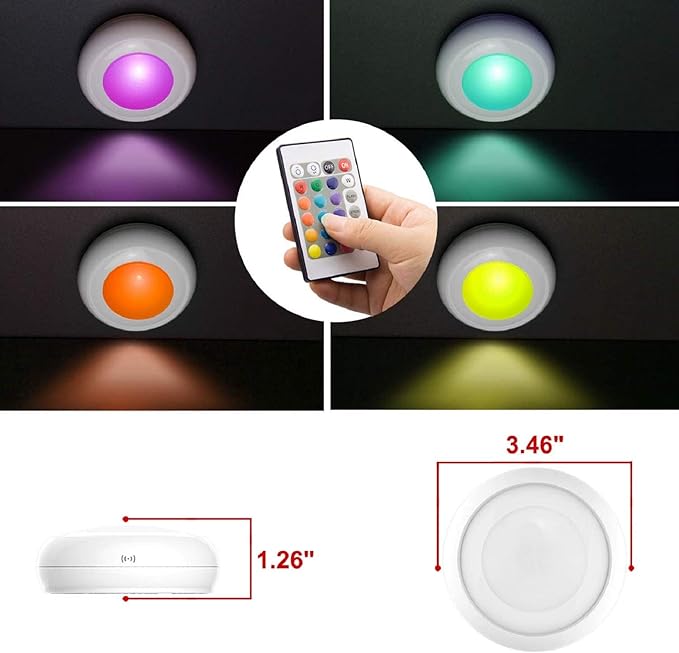 Battery LED Color Puck Lights Stick Up Push Light with Remote 16 Color Changing LED Fairy Light Wireless Tap Dimmable Under Cabinet Nightlight Battery Powered RGB -4Pack