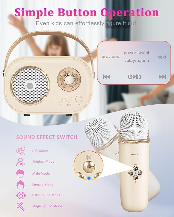 PRUNUS C20 Mini Karaoke Machine,Valentines Day Gifts for Her Him Kids Mens,Portable Bluetooth Speaker with 2 Wireless Microphone for Boys Girls 3-12+ Years Old Birthday Party Beige