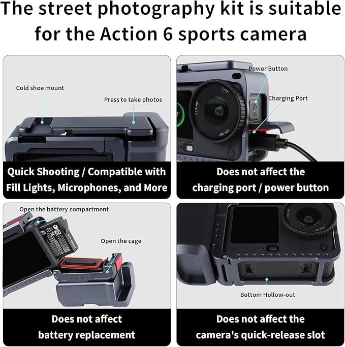Aluminum Street Grip Kit for DJI OSMO Action 6 Accessories Grip Handle Set (Camera Grip+Ultra-Light Cage) Protective Metal Frame Action 6 Case with Multiple Expansion Interfaces, 1/4" Screw Hole (K11)
