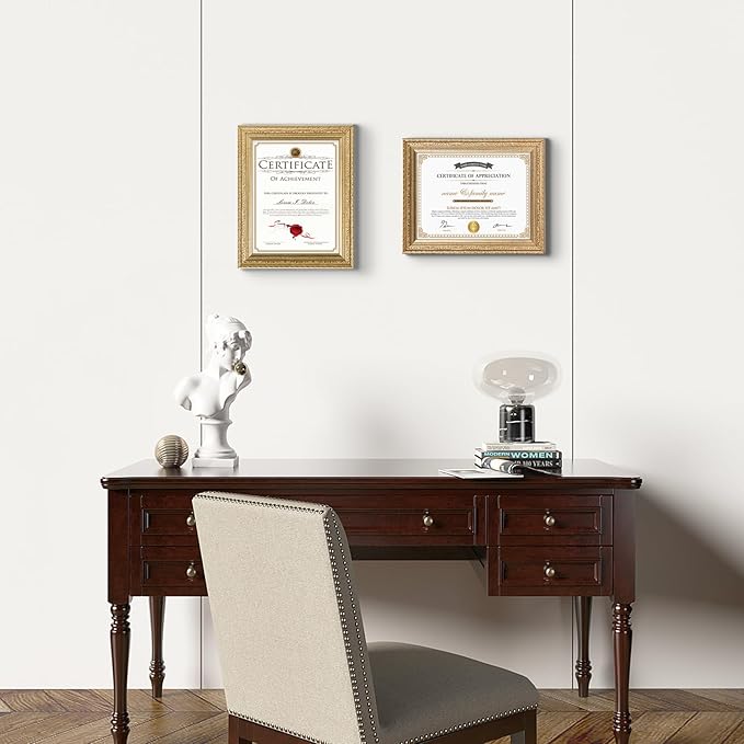 Edenseelake 8.5 x 11 Picture Frames Set of 2, Vintage Gold 8.5 x 11 Diploma Certificate Frame for Tabletop or Wall Display