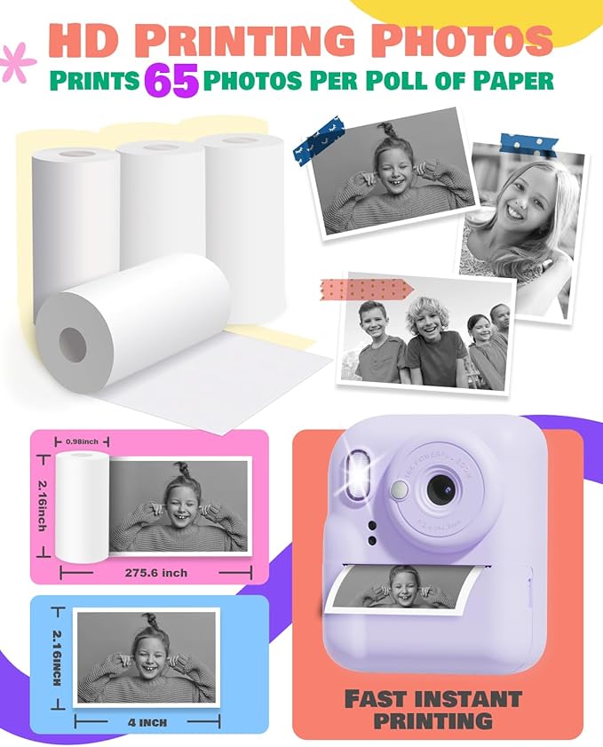 JOYJAM 16 Rolls Instant Print Camera for Kids Refill Print Paper, BPA Free, Photo Printer Thermal Paper Rolls for Most Kids Instant Camera