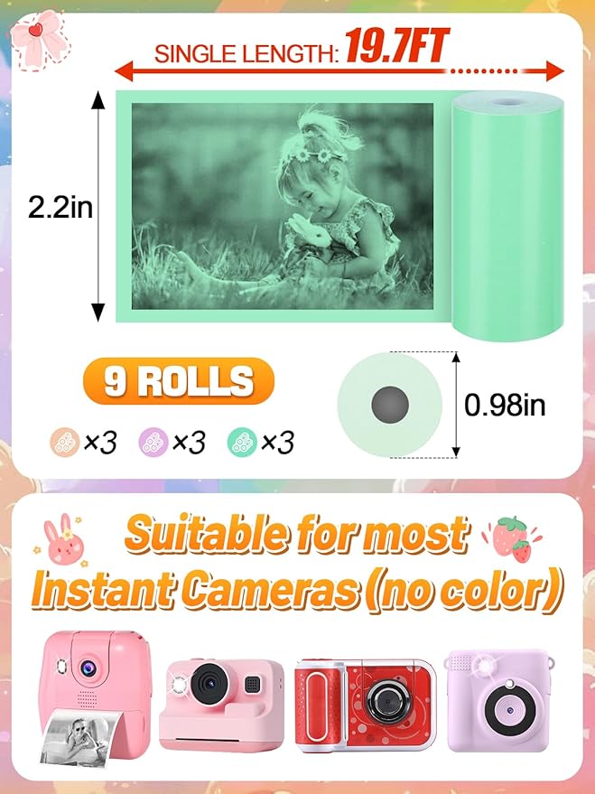 9 Rolls Kids Instant Camera Print Refill Paper- Photo Printer Thermal Paper Rolls Instant Print Camera Refill Paper for 4 5 6 7 8 9 10 Year Old Girls Boys Birthday Gifts, Candy Color