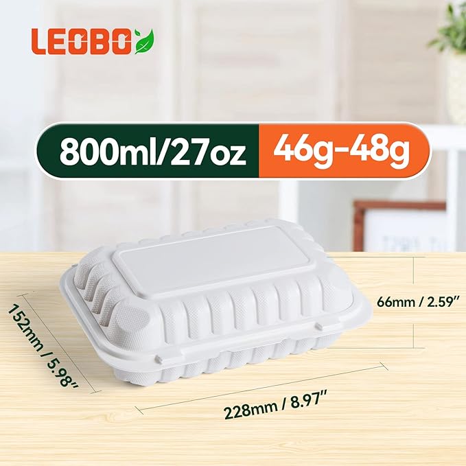 LEOBOX Plastic Containers Mineral Filled PP 9x6 - Shrink Wrap 50 Pack 27oz BPA Free Takeout Box | Freezer Microwave & Dishwasher Safe | Reusable & Disposable Container for To Go Bulk Catering | White