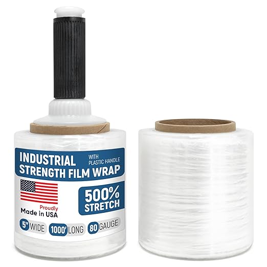 5” x 1000’ Stretch Wrap Mini 2 Rolls with Handle – Clear Plastic Stretch Film 80 Gauge, 500% Elongation, Heavy Duty Shrink Wrap for Moving, Packing & Shipping