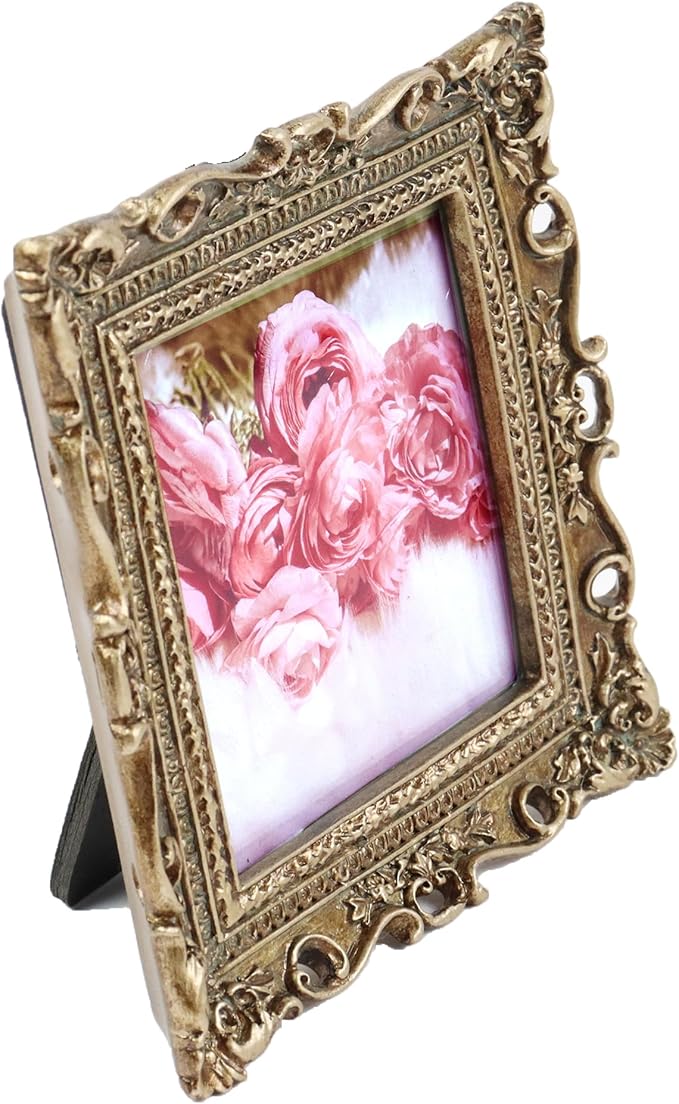 Hymmah 3 * 3inch Mini Wallet Picture Frame Vintage Photo Frame Ornate Textured Hand-Crafted Resin Frame with Easel&Hook for Tabletop&Wall Display,Photo Gallery,Art