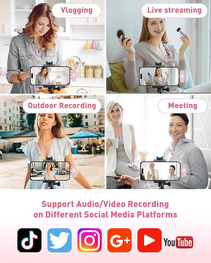 PoP voice USB C Pink Mini Microphone for iPhone 16/15/14/Android, Wireless Lavalier Microphone with Noise Reduction, Lapel Lav Mic for Vlog YouTube TikTok Recording, 12H, 65ft