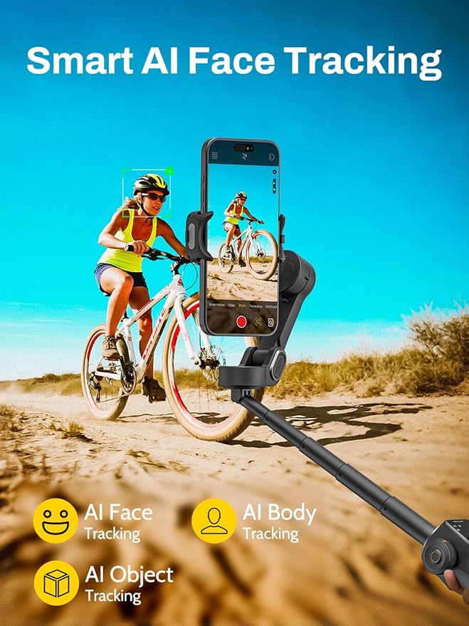 AOCHUAN Gimbal Stabilizer for iPhone w/Bluetooth Remote, 3-axis Phone Stabilizer w/7.8” Extension Rod, AI Face Tracking Smartphone Gimbal, Gesture Control for Video Shooting - Smart V8 Kit Black
