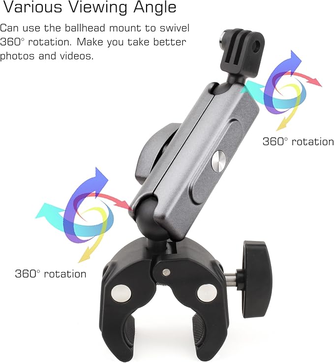 GEPULY Super Camera Clamp Mount for GoPro Insta360 - Dual 360° Ball Head Magic Arm Adapters with 1/4''-20 Screw, Phone Tripod Holder Mount for Bike Handlebar Fence Desk Tree Pole LED Light