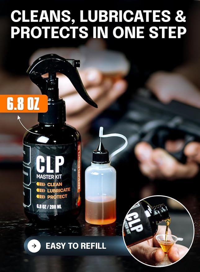 Gun Cleaning Oil Kit 3-in-1 Cleans, Lubes, Protects - 6.8 Oz Sprayer Gun Oil Cleaner and Lubricant, Needle Oiler, Cleaning Patches, Cleaning Swabs and Brush - Gun Oil and Cleaning Kit