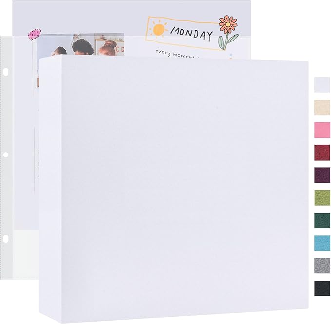 Mublalbum 12x12 Inch Large 3 Ring DIY Scrapbook Photo Album with 40 Plastic Sleeves 80 Pages Linen Cover Folder Binder for Baby Travel Wedding Couple Anniversary and DIY Projects (White)