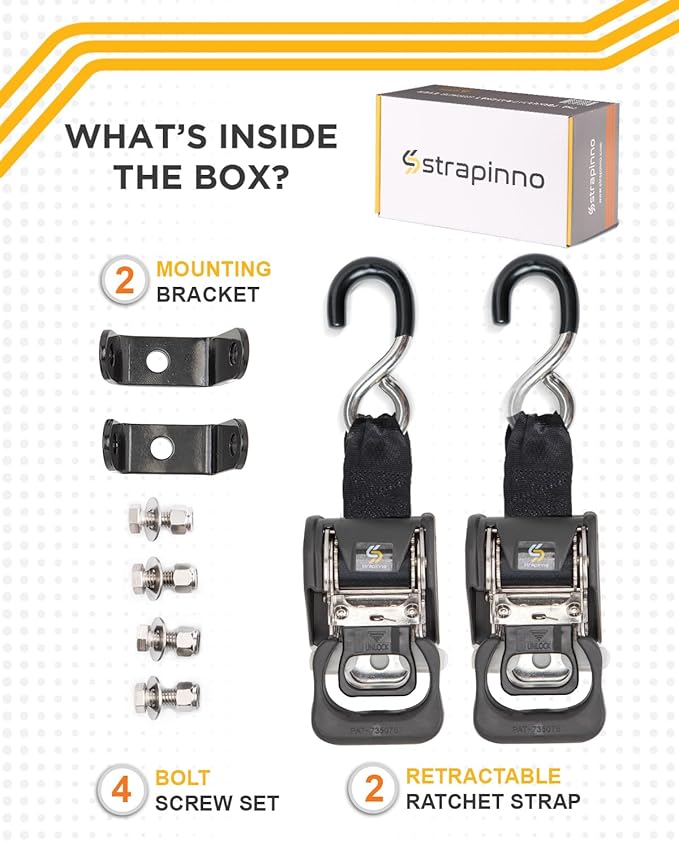 Strapinno 2PCS Stainless Steel Retractable Ratchet Straps (1 7/8 in x 4 ft) Transom Tie Downs for Boat Trailer - Extra Mounting Brackets & Bolt Set, Break Strength 1,650LB (Stainless Steel Hook)
