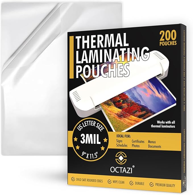 OCTAZI Thermal Laminating Pouches 3MIL – 200 Pack, 9 x 11.5 Inches – Glossy, Photo-Safe, Waterproof, Compatible with All Thermal Laminators – Letter Size Sheets for Documents, Photos, Menus & More.