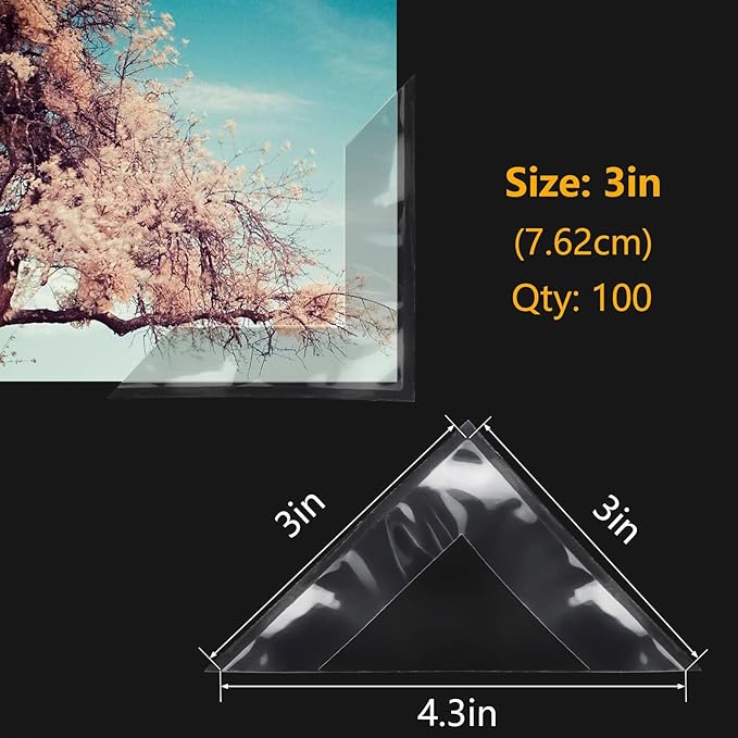 Lineco Self-Adhesive Acid-Free Archival Polypropylene Mounting Photo Corners, Full View, 3 inches, Used for Scrapbook, DIY and Displaying Pictures, Package of 100, Clear