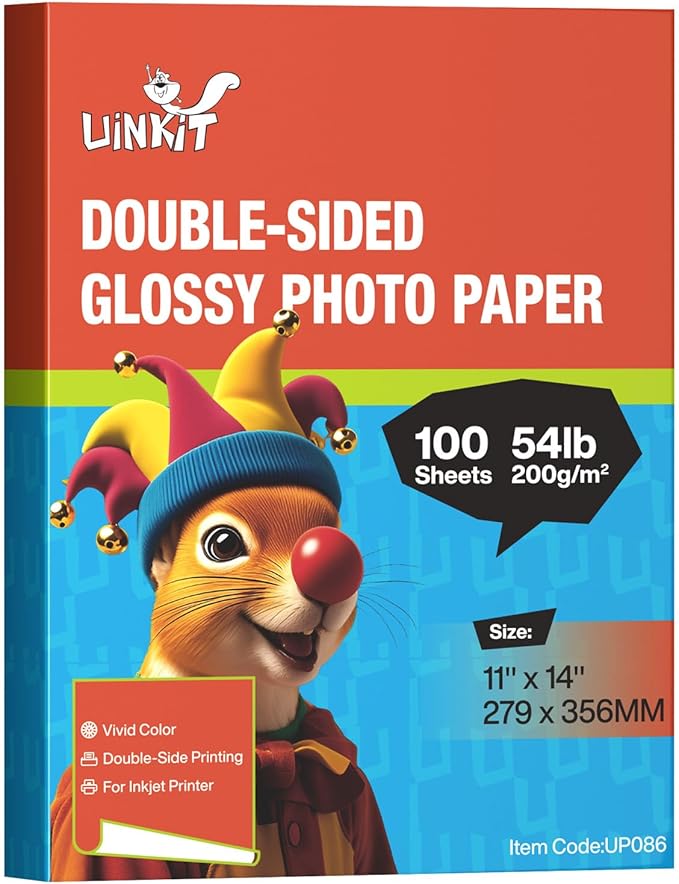 Uinkit 100 Sheets 200Gsm Double Sided Photo Paper Glossy 11x14 inches 54lbs Inkjet for Dye Ink 200Gsm Value Bulk Pack Picture 11 x 14 9.5Mil for Inkjet Printing Printer