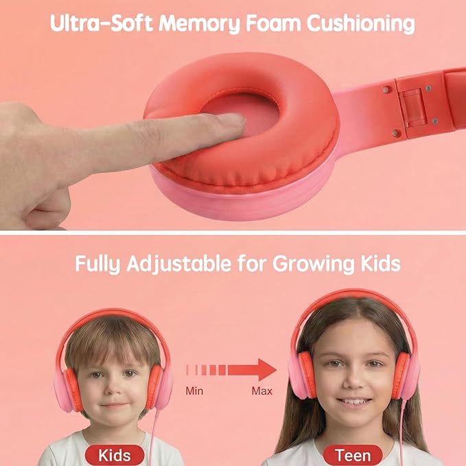 Wired Kids Headphones with USB C Plug, 85dB Safe Volume, Adjustable Headband, Tangle-Free Cord Headphones for School, Tablet, Travel (Coral Red & Soft Peach, Without Microphone)