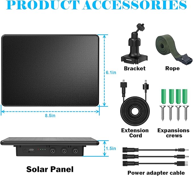 Trail Camera Solar Panel,6W Solar Battery Charger Kit 6V/2A 9V/2A 12V/2A with 8000mAh Battery for Hunting Camera,IP65 Waterproof Hunting Accessory,1.7/2.1/1.35mm DC &USB-C Connectors for Trail Cam