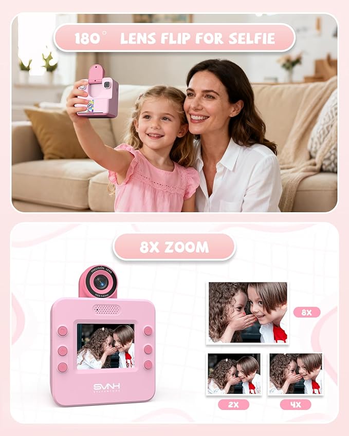 Kids Camera Instant Print, Digital Camera for Kids, 180° Rotating Selfie Lens with 32GB SD Card & 2 Rolls Printing Paper Kids Toy Birthday Gifts for Boys Girls Ages 3-12, Pink