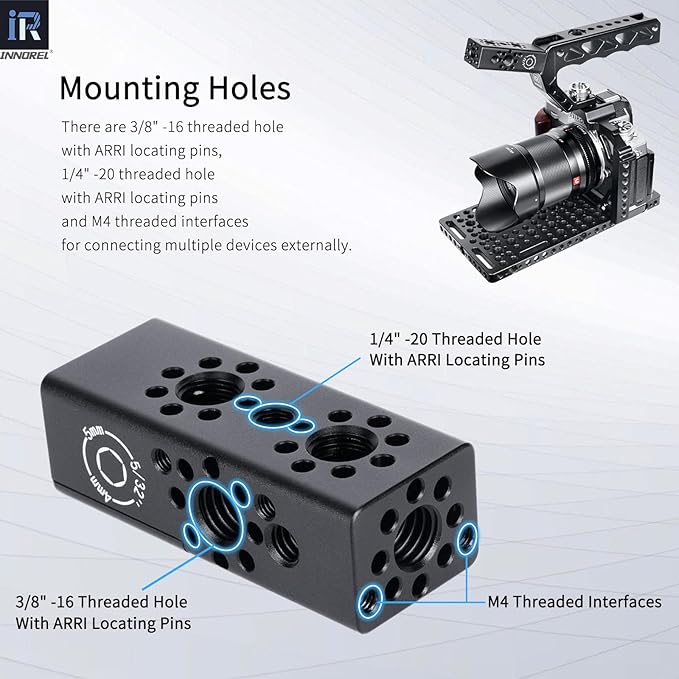 INNOREL CB2 CNC Aluminum Alloy Multi-Function Cheese Handle, Cheese Grip Extension Bar, Featuring 3/8" and 1/4" Arri Locating Holes for Camera Cage Frames, DIY Video Rigs, Any 3/8" Threaded Point
