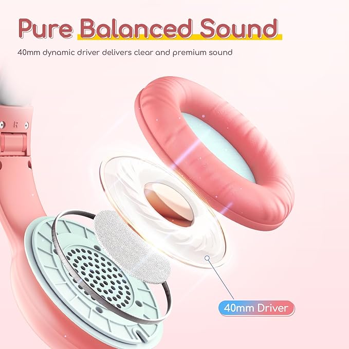 EarFun Kids Headphones Wired with Microphone, 85/94dB Volume Limit Headphones for Kids, Portable Wired Headphone with Shareport, Stereo Sound Foldable Headset for School/Tablet/iPad/Kindle Pink