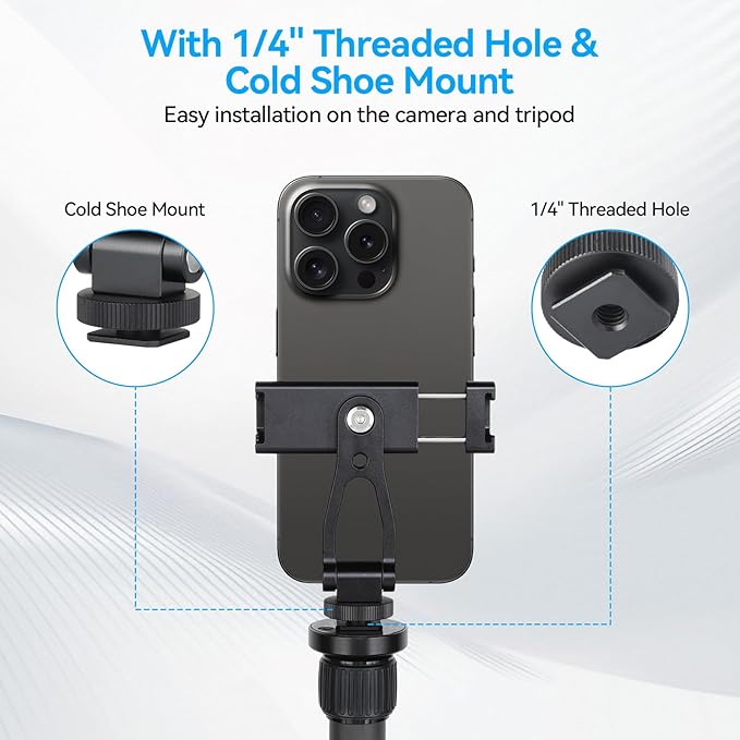 UTEBIT Universal Phone Tripod Mount with Cold Shoe Mount, 1/4" Thread 180° Tilt 360° Rotation Support Vertical and Horizontal, Adjustable Phone Clamp Holder for iPhone 17 16 15 14, for Samsung Galaxy